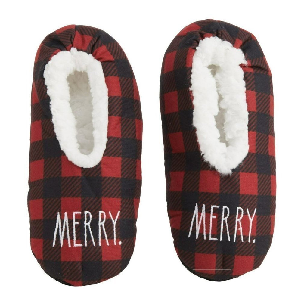 NWT Rae Dunn Women's Merry Merry Plaid Plush Faux Fur Christmas Cozy Slippers